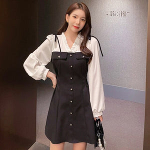 Autumn Long Sleeve Single-breasted V-neck Mini Dress Women Fashion Patchwork Plaid Print Slim Party Dresses Female Vestidos