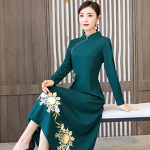 Load image into Gallery viewer, Autumn Long Sleeve Vintage Embroidery Improved Cheongsam Women Plus Size Chinese Style Slim Midi Dress Ladies Elegant Qipao