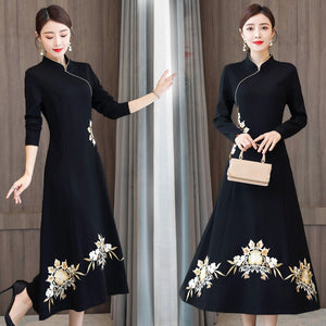 Autumn Long Sleeve Vintage Embroidery Improved Cheongsam Women Plus Size Chinese Style Slim Midi Dress Ladies Elegant Qipao