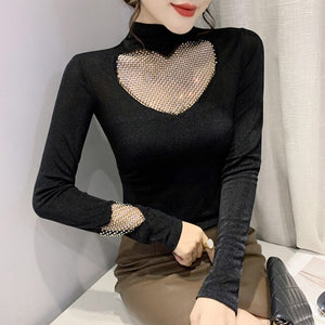 Autumn Long Sleeve Women T-Shirt Fashion Casual Sexy Hollow Out Diamonds Mesh Tops M-3XL Plus Size Female Blusas