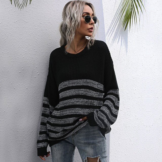 Autumn Lounging Loose Women Knitted Sweater Striped Splicing Pullover Tunics Casual Sweaters Jumper Female Knitted Wear