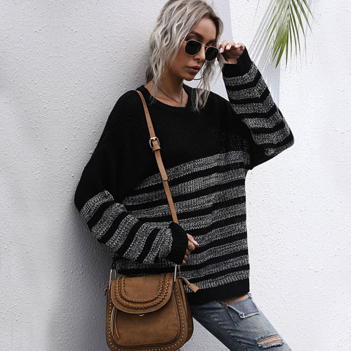 Autumn Lounging Loose Women Knitted Sweater Striped Splicing Pullover Tunics Casual Sweaters Jumper Female Knitted Wear