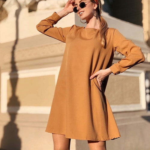Autumn Mini Dress For Women Ladies Casual O Neck Long Sleeve Loose Dresses 2021 Elegant New Fashion Solid Color Streetwear Dress