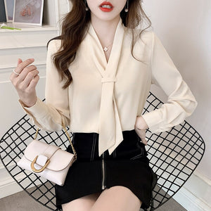 Autumn New 2021 Long Sleeve Women Chiffon Blouse Elegant Slim V-Neck White Office Lady Shirt Loose Women Clothing