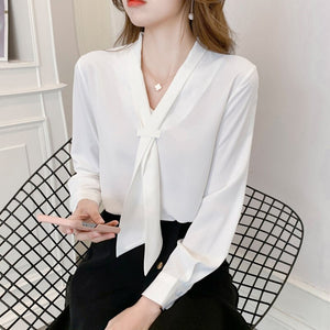 Autumn New 2021 Long Sleeve Women Chiffon Blouse Elegant Slim V-Neck White Office Lady Shirt Loose Women Clothing