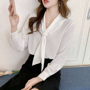 Autumn New 2021 Long Sleeve Women Chiffon Blouse Elegant Slim V-Neck White Office Lady Shirt Loose Women Clothing