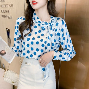 Autumn New Big Polka Dot Bowknot Chiffon Shirt High-end Fashion Long Sleeve Office Lady Blouse Shirt Elegant Slim Clothing