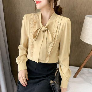 Autumn New Long Sleeved Chiffon Shirt Fashion Casual Bow Ruffles Blouse Elegant Slim Office Lady Tops Clothing