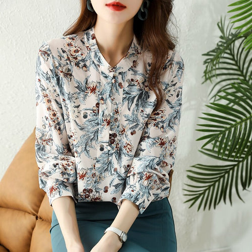 Autumn New Long-Sleeved Women Chiffon Blouse Elegant Slim Bow Printed Office Lady Shirt Fashion Clothing TOPS