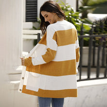Load image into Gallery viewer, Autumn New Product Knitwear Student Casual V-neck Sweater Women Striped Color  Single-breasted Pocket Cardigan Women&#39;s