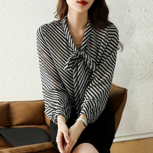 Autumn New Women Chiffon Blouse Fashion Casual High-End Long Sleeved Bow Striped Top Elegant Loose Office Lady Clothing