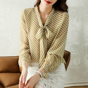 Autumn New Women Chiffon Blouse Fashion Casual High-End Long Sleeved Bow Striped Top Elegant Loose Office Lady Clothing