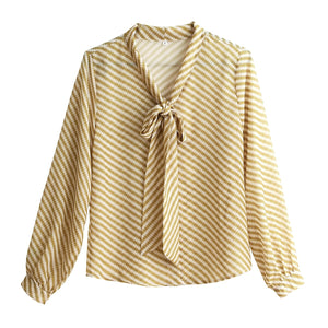 Autumn New Women Chiffon Blouse Fashion Casual High-End Long Sleeved Bow Striped Top Elegant Loose Office Lady Clothing