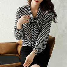Load image into Gallery viewer, Autumn New Women Chiffon Blouse Fashion Casual High-End Long Sleeved Bow Striped Top Elegant Loose Office Lady Clothing