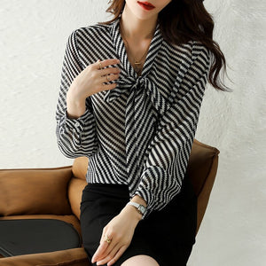 Autumn New Women Chiffon Blouse Fashion Casual High-End Long Sleeved Bow Striped Top Elegant Loose Office Lady Clothing