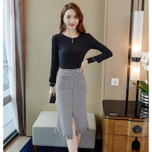 Load image into Gallery viewer, Autumn New Women Elegant Temperament Tweed Skirt Two Piece Set Black Long Sleeve Knit Blouse + High Waist Bodycon Skirt Suits