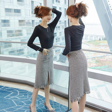 Load image into Gallery viewer, Autumn New Women Elegant Temperament Tweed Skirt Two Piece Set Black Long Sleeve Knit Blouse + High Waist Bodycon Skirt Suits