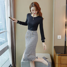 Load image into Gallery viewer, Autumn New Women Elegant Temperament Tweed Skirt Two Piece Set Black Long Sleeve Knit Blouse + High Waist Bodycon Skirt Suits