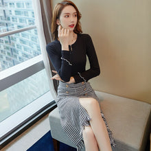 Load image into Gallery viewer, Autumn New Women Elegant Temperament Tweed Skirt Two Piece Set Black Long Sleeve Knit Blouse + High Waist Bodycon Skirt Suits