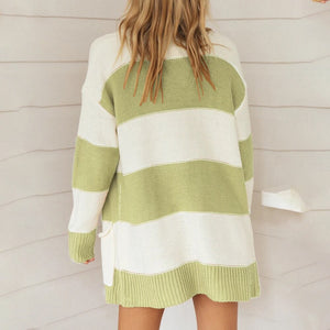 Autumn Nice Pop Sweater Women's Long Sleeve Loose Stripe Color Block Knitted Cardigan Women's Knitting with Pocket Sweater