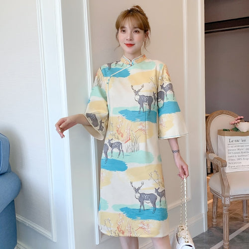 Autumn Plus Size Women Stand Collar Deer Print Improved Cheongsam Flared Sleeves Elegant Chinese Style Dress Female Clothes 4XL