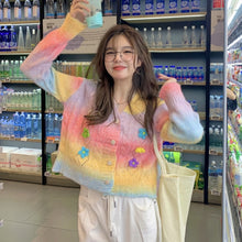 Load image into Gallery viewer, Autumn Rainbow Knitted Sweater Coat Women Floral Patchwork Kawaii Sweater Cardigan Casual Winter Warm Knitwear Sweater 2021 New