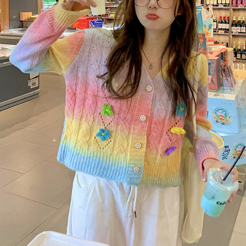 Autumn Rainbow Knitted Sweater Coat Women Floral Patchwork Kawaii Sweater Cardigan Casual Winter Warm Knitwear Sweater 2021 New