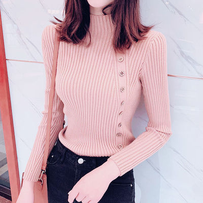 Autumn Ribbed Button Women Sweater Pullovers Cotton Long Sleeve Turtleneck Pullovers Jumpers Spring Soft Comfortable Basic Tops
