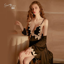 Load image into Gallery viewer, Autumn Splicing Satin Stitching Lace Robe Women&#39;s Cardigan Long-sleeved Nightwear Bathrobe Home Service Pajama Dress Nightgown