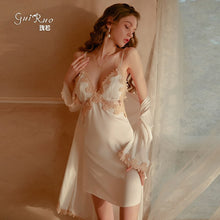 Load image into Gallery viewer, Autumn Splicing Satin Stitching Lace Robe Women&#39;s Cardigan Long-sleeved Nightwear Bathrobe Home Service Pajama Dress Nightgown