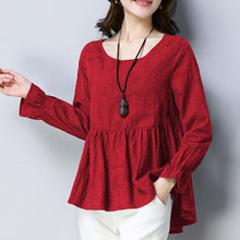 Load image into Gallery viewer, Autumn Spring 2021 New Blouse Vintage Blouses Jacquard O Neck Long Sleeve Long Tops Ruffle Flared Comfortable Peplum Loose Tees
