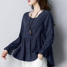 Load image into Gallery viewer, Autumn Spring 2021 New Blouse Vintage Blouses Jacquard O Neck Long Sleeve Long Tops Ruffle Flared Comfortable Peplum Loose Tees