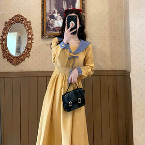 Autumn Vintage Lolita Dress Women French Patchwork Bow Elegant Designer Dress Female Koean Fashion Casual Party Midi Dress 2021