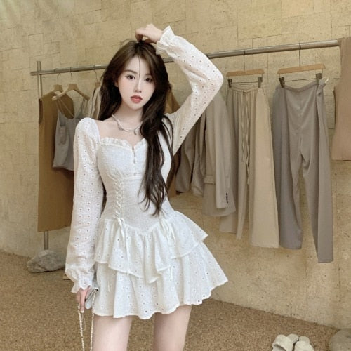 Autumn White Fairy Kawaii Dress Women V-neck Slim Elegant Party Mini Dress Female Sexy Korean Fashion Designer Y2k Dress 2021