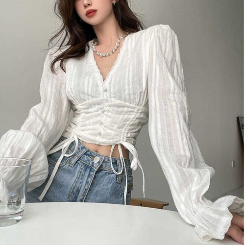 Autumn White Lace Chiffon Blouse Shirt Women Short Designer Long Sleeve Crop Tops Shirt Female Casual Bandage Sweet Tops 2021