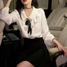 Load image into Gallery viewer, Autumn White Sweet Blouse Top Women Korean Ruffles Patchwork Bow Shirt Female Long Sleeve Chic Outing Designer Kawaii Shirt 2021