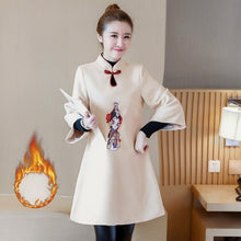 Load image into Gallery viewer, Autumn Winter Chinese Style Embroidery Woolen Improved Cheongsam Women Stand Collar Retro Buckle Thicken Mini Dress Female