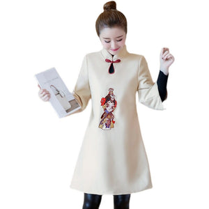 Autumn Winter Chinese Style Embroidery Woolen Improved Cheongsam Women Stand Collar Retro Buckle Thicken Mini Dress Female