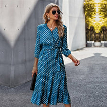 Load image into Gallery viewer, Autumn Winter Dot Bandage Dress Women Casual Ruffles V Neck High Waist Slim Print Long Dress For Women 2021 New Fashion
