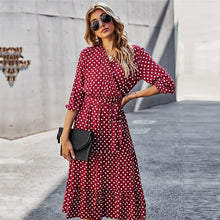Load image into Gallery viewer, Autumn Winter Dot Bandage Dress Women Casual Ruffles V Neck High Waist Slim Print Long Dress For Women 2021 New Fashion