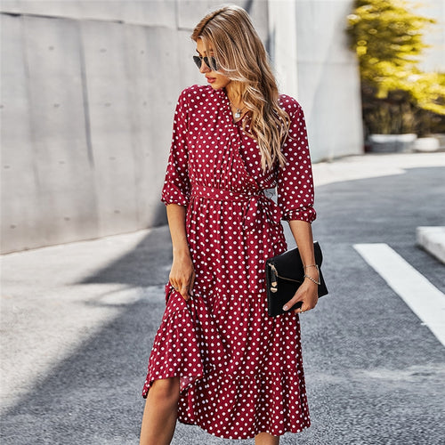 Autumn Winter Dot Bandage Dress Women Casual Ruffles V Neck High Waist Slim Print Long Dress For Women 2021 New Fashion