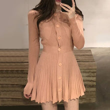 Load image into Gallery viewer, Autumn Winter Elegant Knitted Pleated Dress for Women O Neck Long Sleeve Slim Waist A Line Vestidos Mujer Korean Style Chic Robe