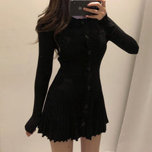 Load image into Gallery viewer, Autumn Winter Elegant Knitted Pleated Dress for Women O Neck Long Sleeve Slim Waist A Line Vestidos Mujer Korean Style Chic Robe