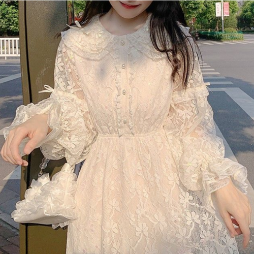 Autumn Winter Elegant Vintage Dress Women French Lace Puff Sleeve Party Midi Dress Female Korean Style Slim Fairy Dress 2021