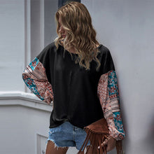 Load image into Gallery viewer, Autumn Winter Elegant Waffle Top Women 2020 New Casual O-neck Bohemian Print Batwing Sleeve T Shirt Top