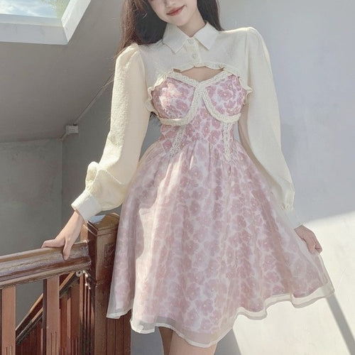 Autumn Winter Floral Kawaii Dress Women Patchwork Two Piece Set Party Dress Female Casual Korean Fashion Designer Y2k Dress 2021