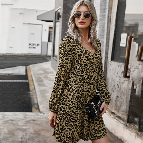 Autumn Winter Leopard Oversize Dress Women Casual V Neck Button A Line Mini