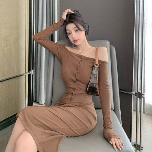 Autumn Winter Long Sleeve Off-shoulder Woman Dress Korean Style Elegant Sexy Slim Fit Bottoming Dress Vestidos Mujer Simple Robe
