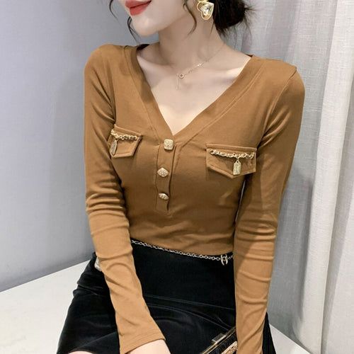 Autumn Winter Long Sleeve Women's T-Shirt Fashion Casual V-Neck Solid Color Tops And Shirt Plus Size Women Clothing