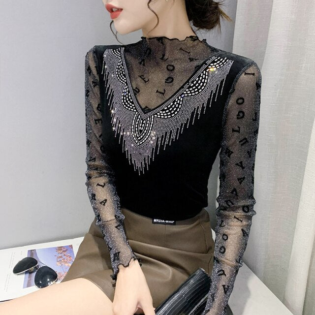 Autumn Winter Long Sleeved Mesh Tops Shirt Fashion Casual Diamonds Patchwork Women's T-Shirt Plus Size Female Clothing